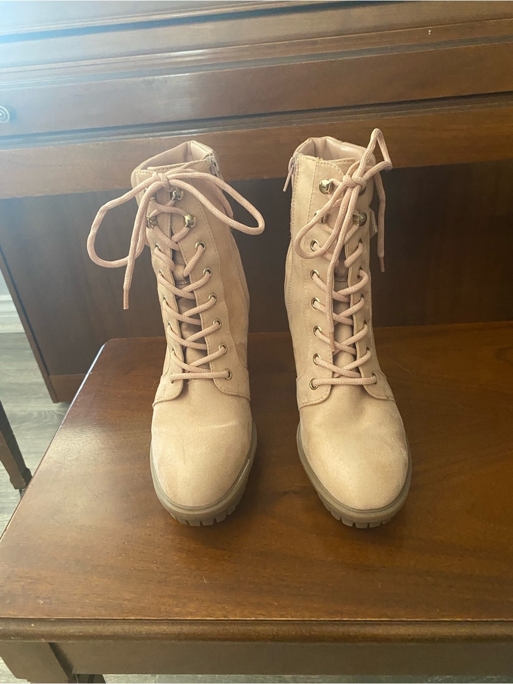 Women's Guess Lace-Up Combat Boots in Blush Pink